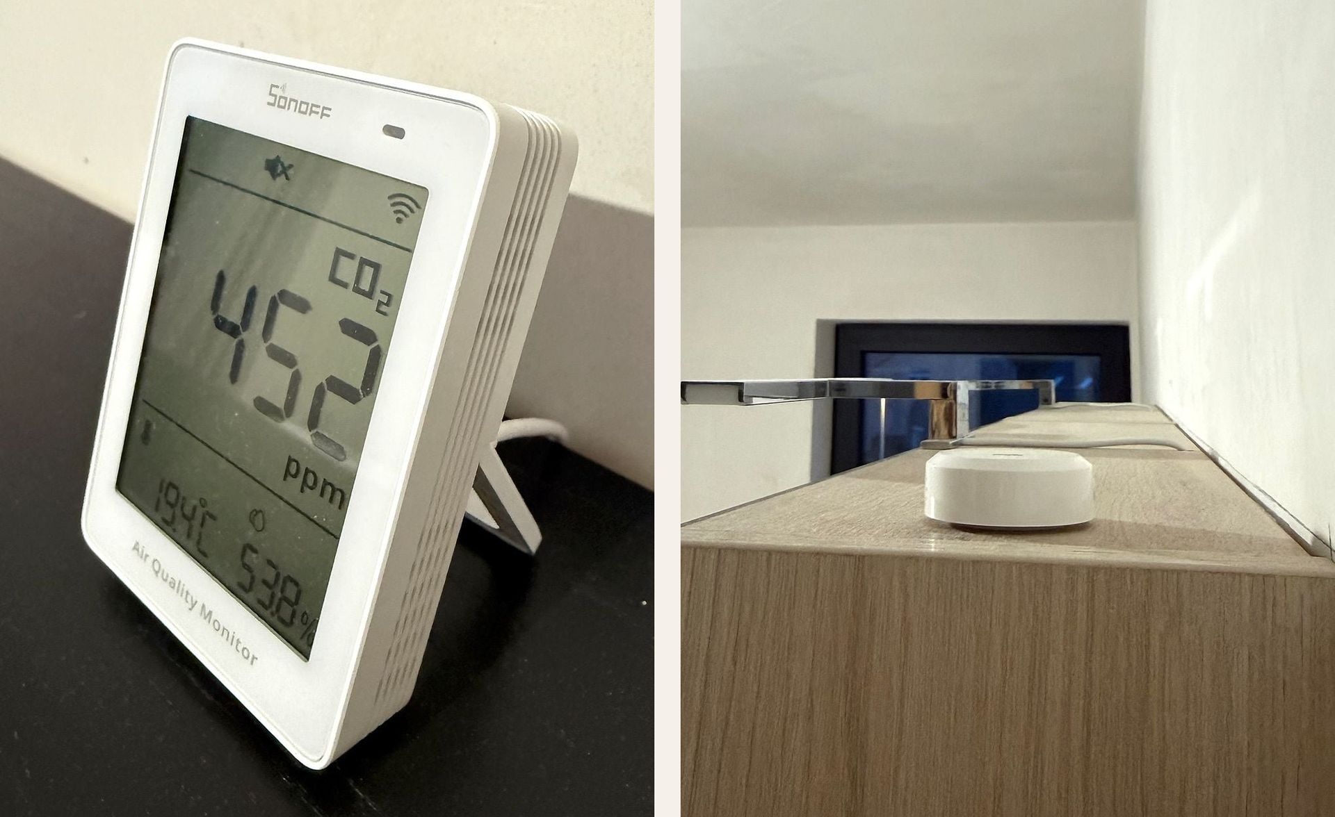 The CO₂ meter in the bedroom and the humidity sensor on the bathroom cabinet.
