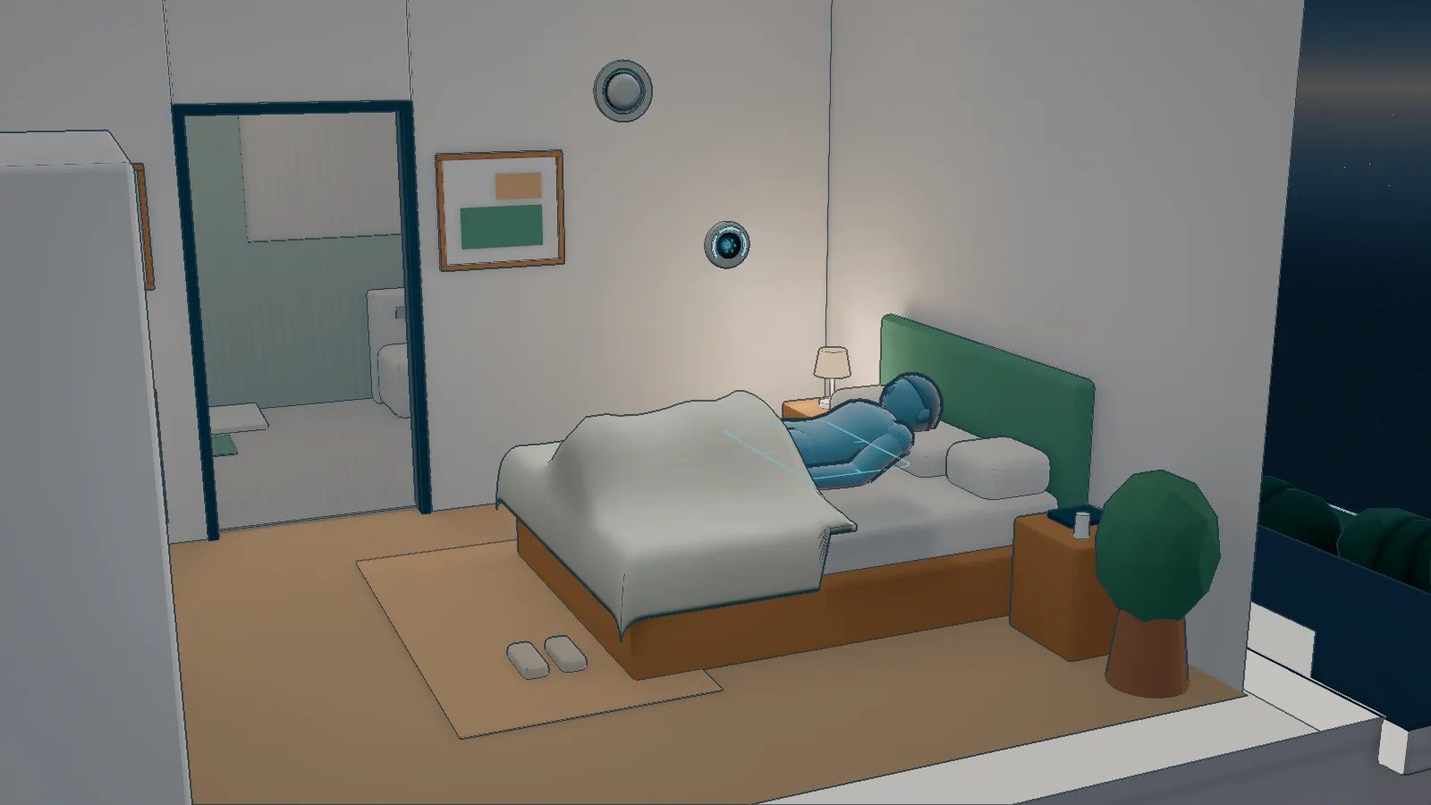 De slaapkamer bij nacht: een figuur slaapt, een luchtkwaliteitsmeter kleurt oker, het ventiel boven het bed gaat open en de bedmat licht op.