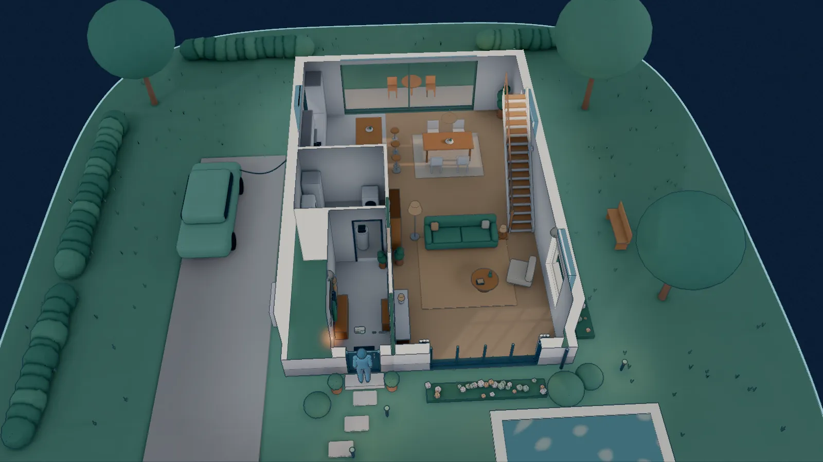 Het huis in de schemering, van bovenaf: het dak en de verdieping zijn weggenomen en een figuur wacht aan de gesloten voordeur.