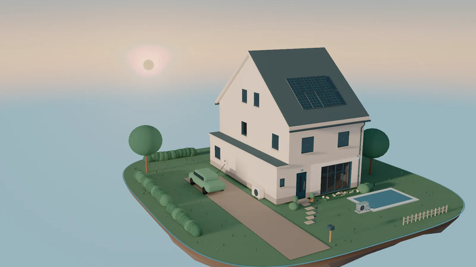 Het huis op het eiland bij zonsopgang, opnieuw in rust.