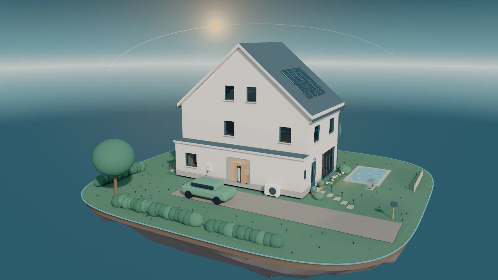 Het huis in de middagzon, van buiten gezien: een lijn loopt van de batterij naar de auto aan de lader.