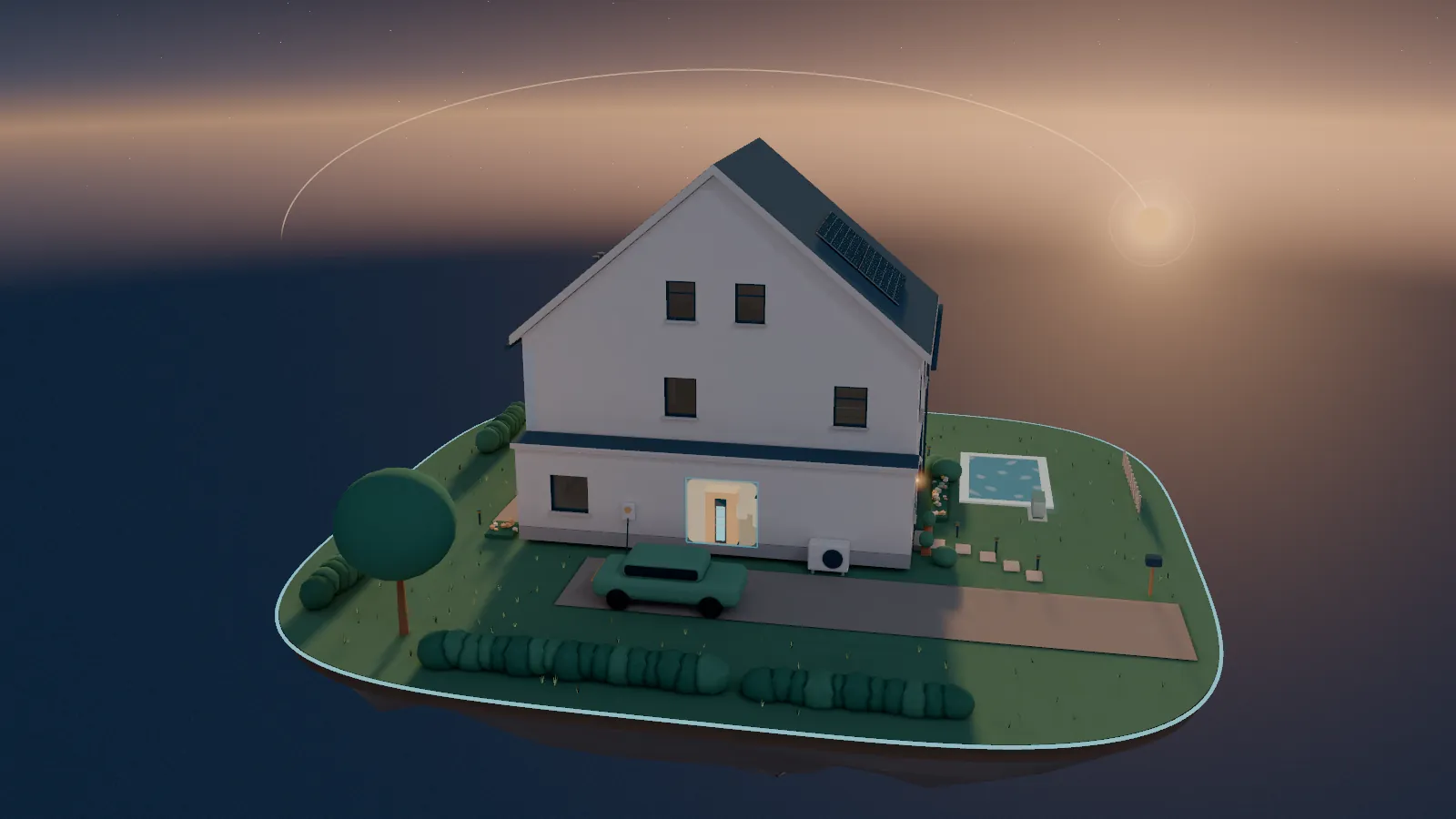Het huis in de avond: een lijn loopt van de batterij langs de gevel naar de lamp bij de voordeur, die aangaat; de ramen zijn donker.