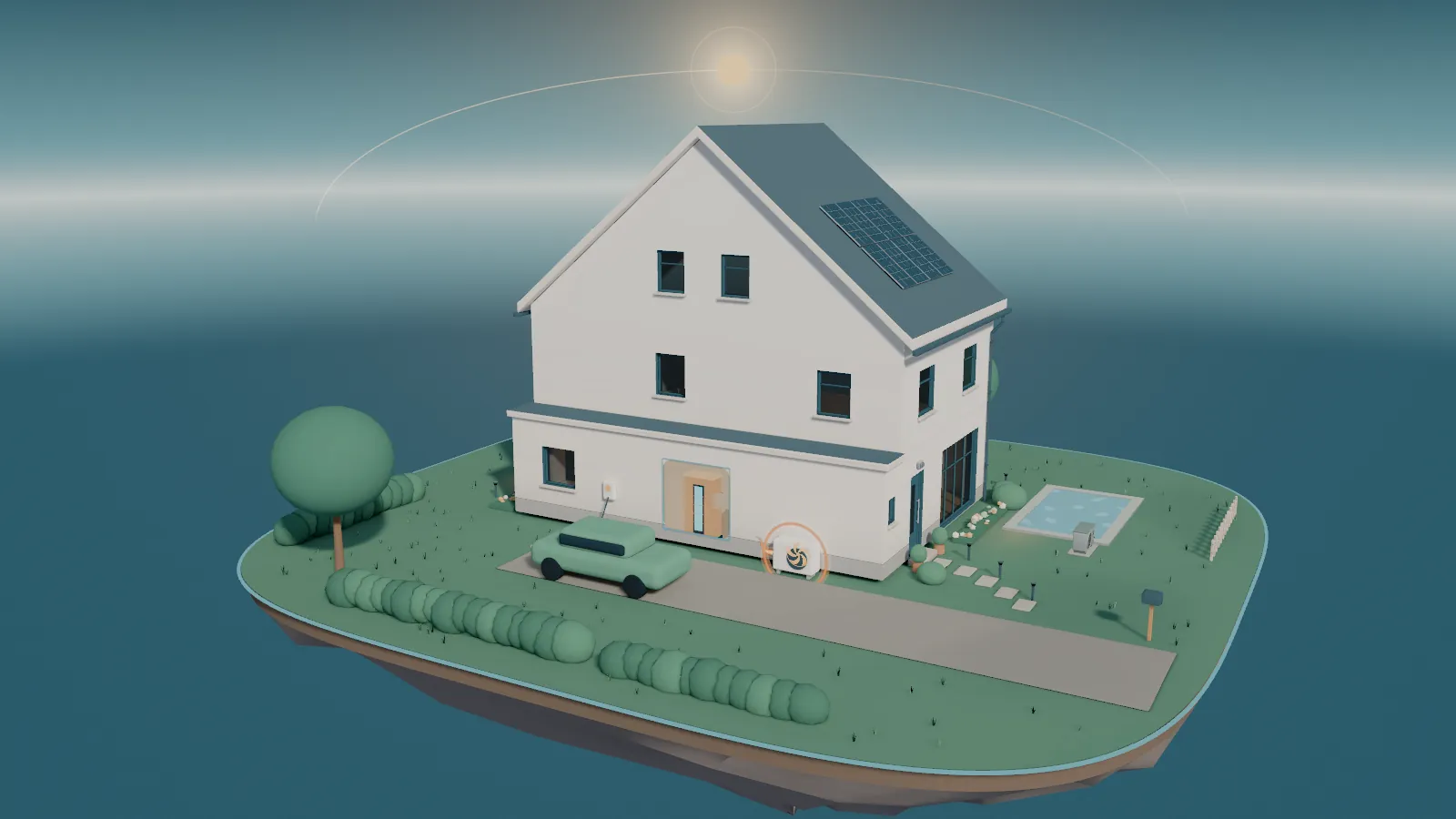 Hetzelfde huis in de middagzon, van opzij gezien: de zonnepanelen glanzen en de auto staat aan de lader.