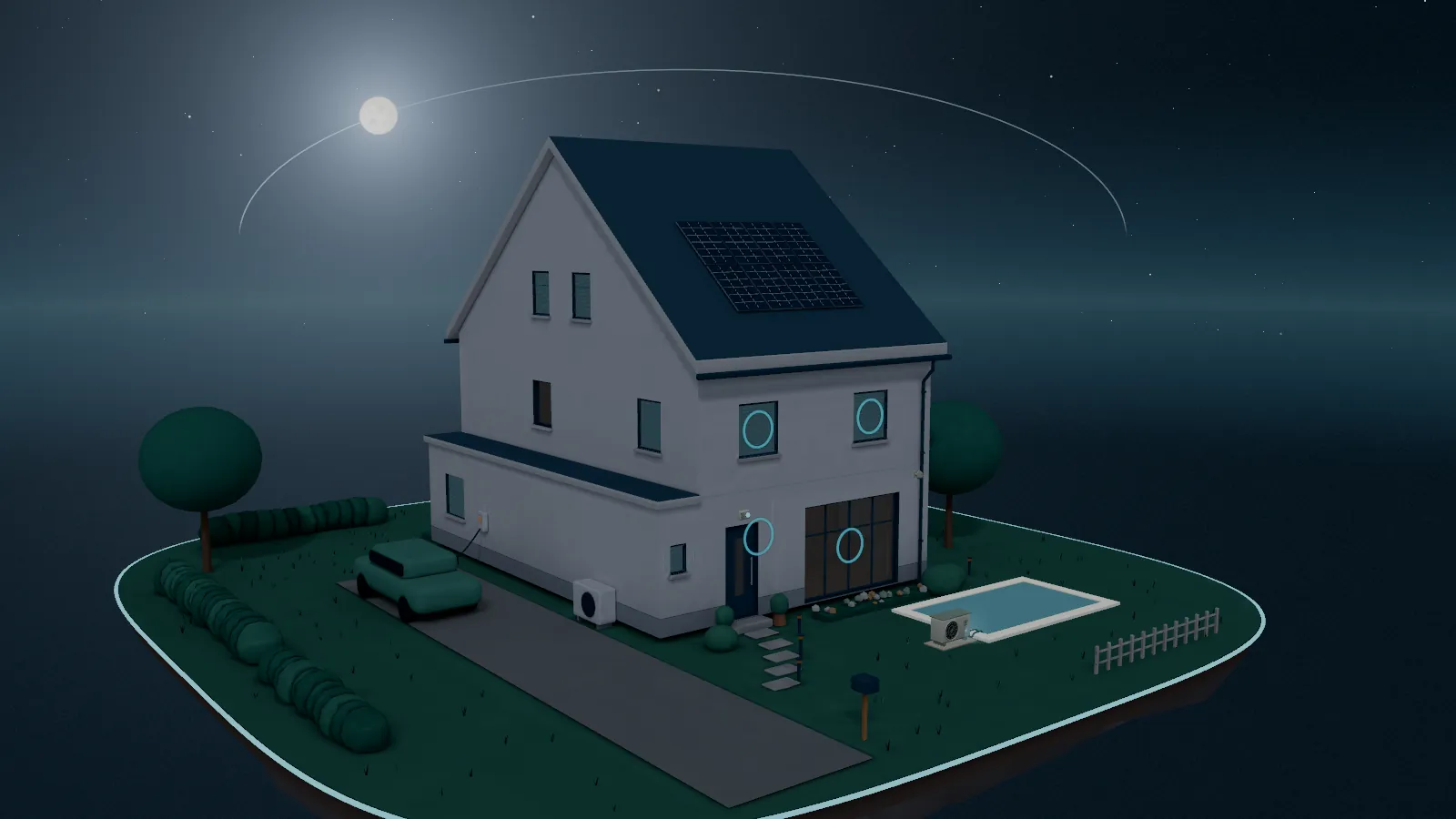 Het huis bij nacht onder de sterren en de maan: de rolluiken zijn dicht en het huis slaapt.
