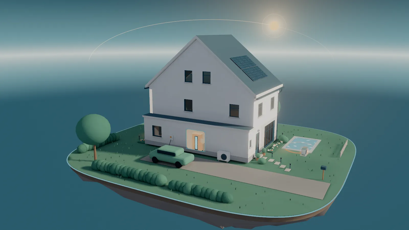 Het huis in de namiddag: een lijn loopt over het gazon naar de warmtepomp van het zwembad, op het water verschijnt een warme ring.